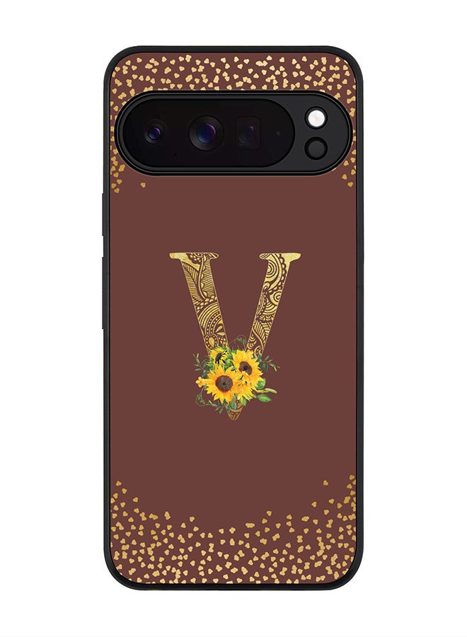 For Google Pixel 10 Pro Case,Slim fit Camera Protection, Shockproof Thin Phone cover  - Custom Floral Monogram - V  (Brown )